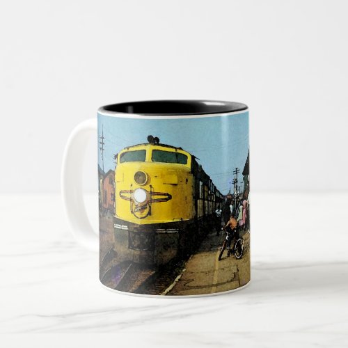 1950s Train Locomotive at the Crowded Depot  Two_Tone Coffee Mug