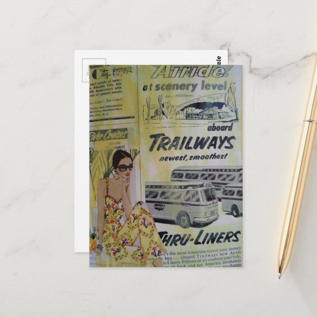 1950s travel ads and a summer woman mixed media  postcard (Front/Back In Situ)