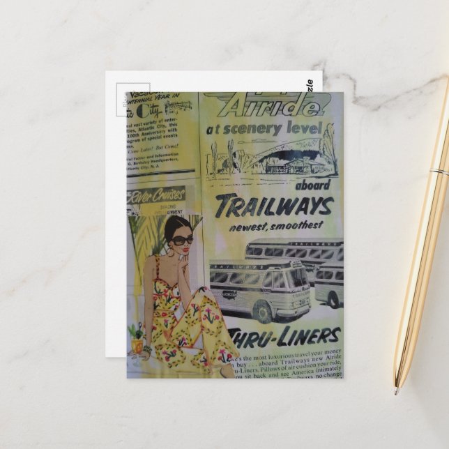 1950s travel and vacation ads lady mixed media  postcard (Front/Back In Situ)