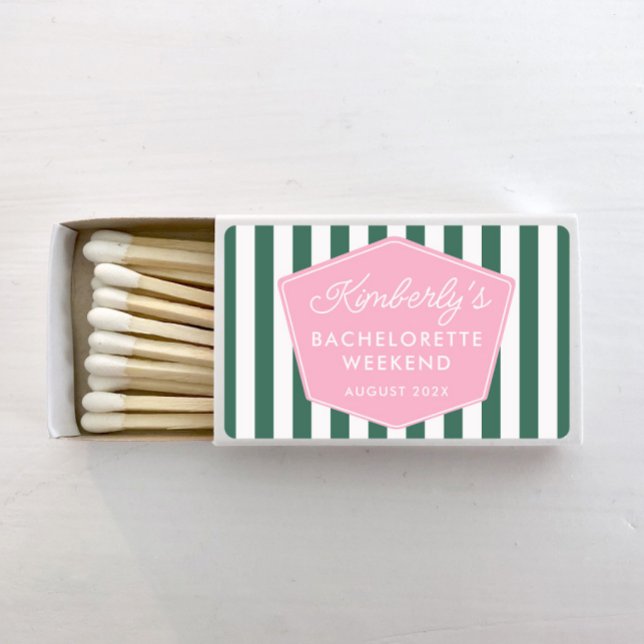 1950s Vacation Retro Pink Green Bachelorette Party Matchboxes (Retro 1950s Glamour Era pink and green stripes bachelorette matches)