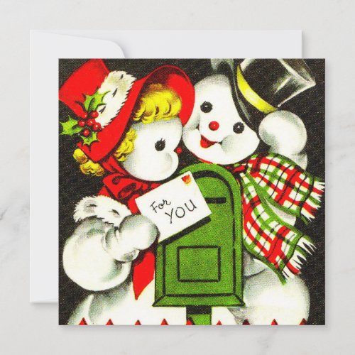 1950s Vintage Christmas Girl and Boy Snowman Holiday Card