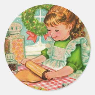 1950'S Vintage Christmas Girl Baking Cookies Classic Round Sticker