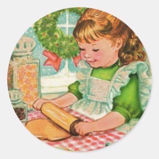 1950'S Vintage Christmas Girl Baking Cookies Classic Round Sticker