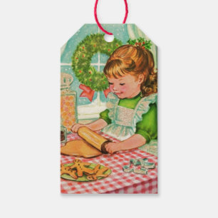 1950's Vintage Christmas Girl Baking Cookies Gift Tags