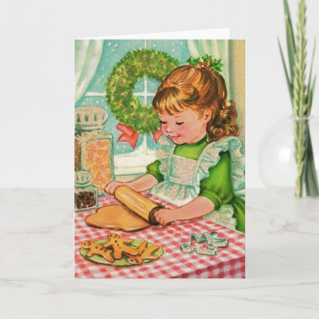 1950'S Vintage Christmas Girl Baking Cookies Holiday Card (Front)