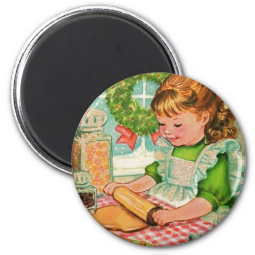 1950S Vintage Christmas Girl Baking Cookies Magnet