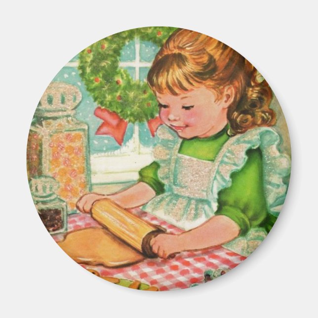 1950'S Vintage Christmas Girl Baking Cookies Magnet (Front)