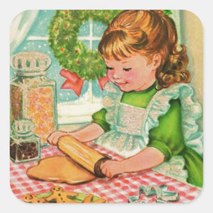 1950's Vintage Christmas Girl Baking Cookies Square Sticker