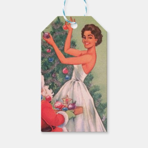 1950s Vintage Christmas Girl Decorating Tree Gift Tags