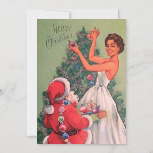 1950s Vintage Christmas Girl Decorating Tree Holiday Card