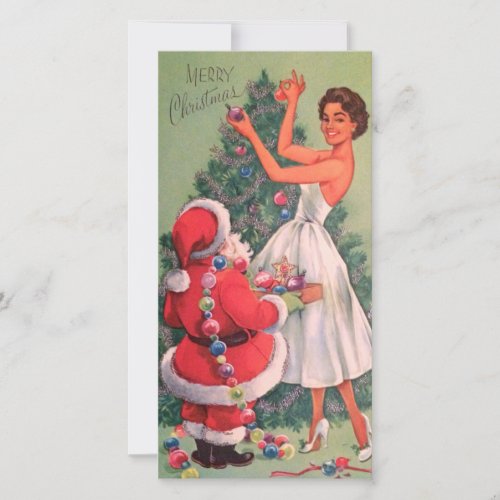 1950s Vintage Christmas Girl Decorating Tree Holiday Card