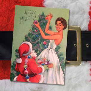 1950s Vintage Christmas Girl Decorating Tree Holiday Card