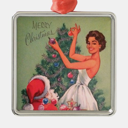1950s Vintage Christmas Girl Decorating Tree Metal Ornament