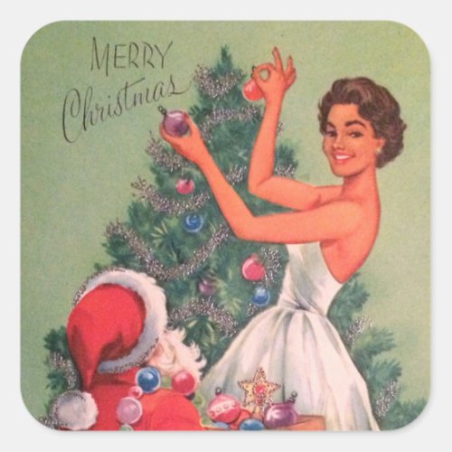 1950s Vintage Christmas Girl Decorating Tree Square Sticker