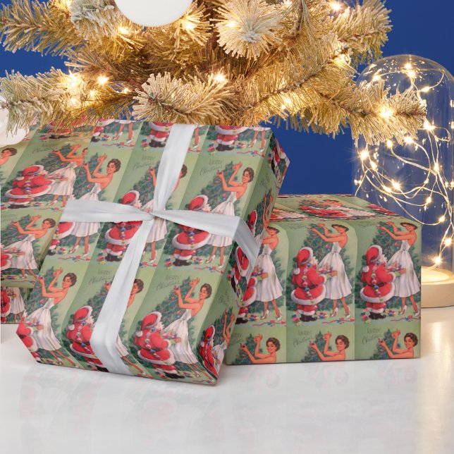 1950s Vintage Christmas Girl Decorating Tree Wrapping Paper (Holidays)