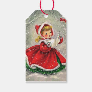 1950s Vintage Christmas Girl In Dress Gift Tags