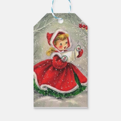1950s Vintage Christmas Girl In Dress Gift Tags