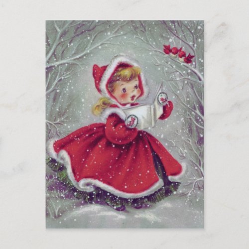 1950s Vintage Christmas Girl in Snow with Birds Holiday Postcard