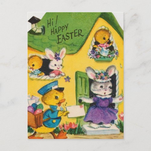 1950s Vintage Happy Easter Animals Holiday Postcard
