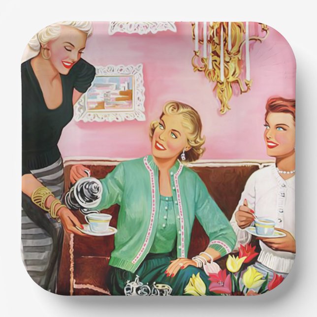1950's Vintage Ladies enjoying afternoon tea Paper Plates (Front)