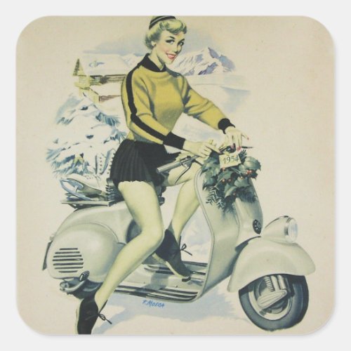 1950s vintage pin up girl on a Scooter Square Sticker