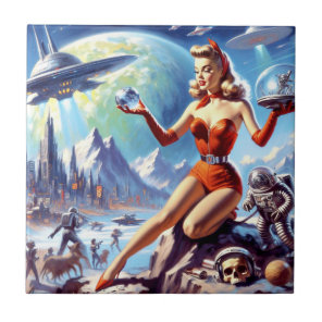1950s Vintage Science Fiction Woman Ceramic Tile