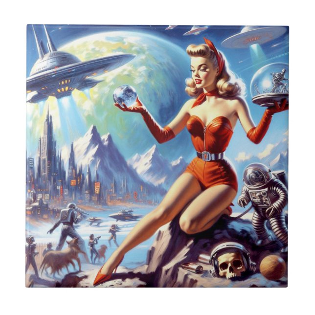 1950s Vintage Science Fiction Woman Ceramic Tile (Front)