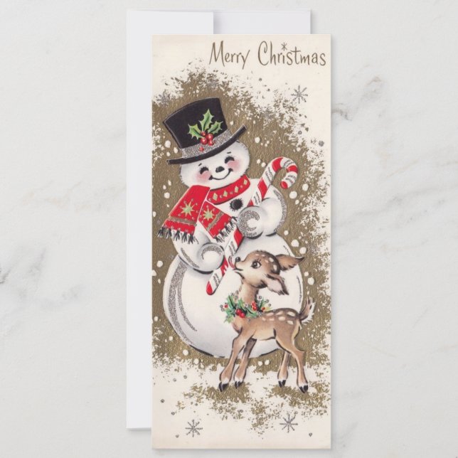 1950s Vintage Snowman With Baby Deer Card (Front)