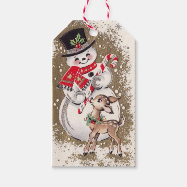 1950s Vintage Snowman With Baby Deer Gift Tags (Front)
