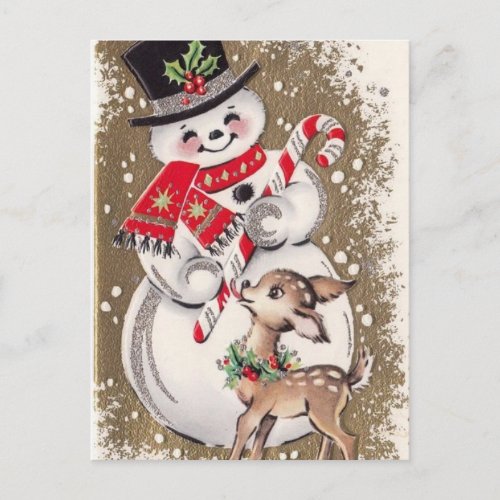 1950s Vintage Snowman With Baby Deer Postcard