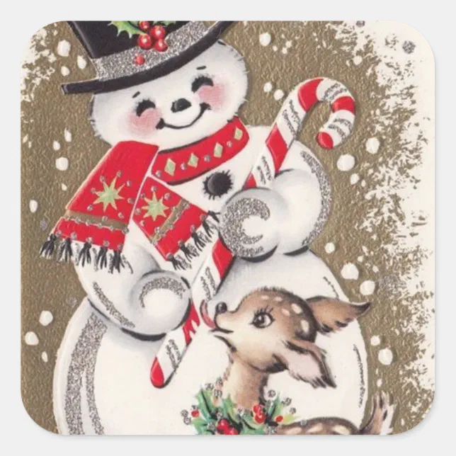 1950s Vintage Snowman With Baby Deer Square Sticker | Zazzle