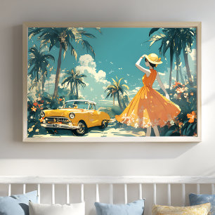 1950s Vintage Summer Travel Poster, Retro Tropical Poster