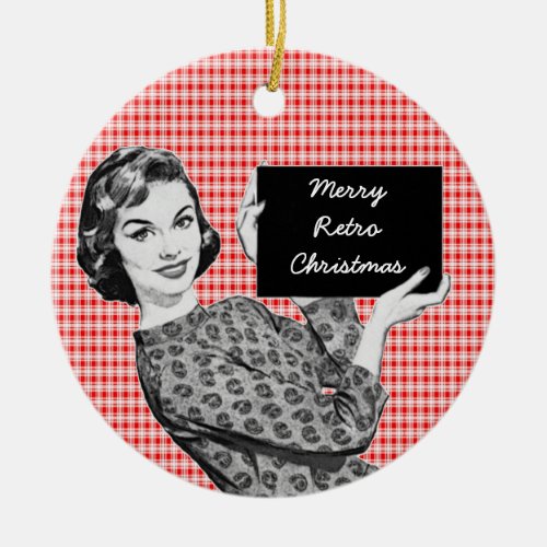 1950s Woman with a Christmas Sign V2 Ceramic Ornament