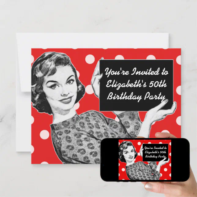 1950s Woman with a Sign Birthday Invitation | Zazzle