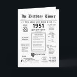 1951 The Year You Were Born Birthday Card<br><div class="desc">Travel back in time with our captivating 1951 birthday card! Bursting with pivotal moments and enthralling facts, it's crafted specifically for your special day. This birthday card brims with intriguing insights and snapshots of life during that era. From notable events such as the first color TV broadcast, the birth of...</div>