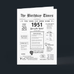 1951 The Year You Were Born Birthday Card<br><div class="desc">Travel back in time with our captivating 1951 birthday card! Bursting with pivotal moments and enthralling facts, it's crafted specifically for your special day. This birthday card brims with intriguing insights and snapshots of life during that era. From notable events such as the first color TV broadcast, the birth of...</div>