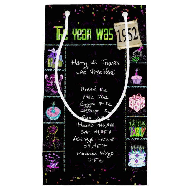 1952 Birth Year Trivia on Black Small Gift Bag (Front)