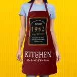 1952 Name Elegant Black Gold Red Apron<br><div class="desc">A wonderful birthday black and gold design on an apron for that special year of 1952. Easily customize the text using the template provided. Part of the setting standards range of birthday supplies.</div>