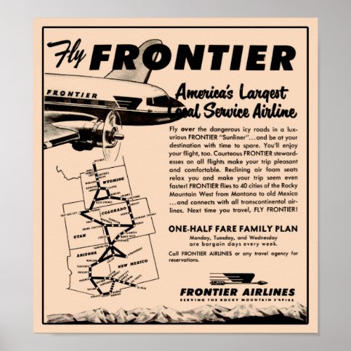 1953 Frontier Airlines Ad Reprint Poster