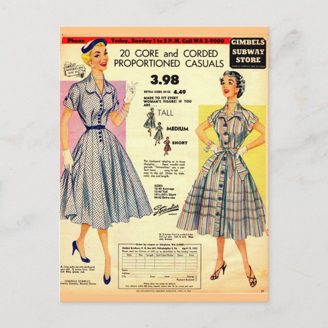 1953 Gimbels Subway Store dress sale Postcard (Front)