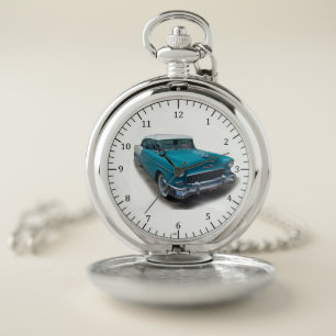 1955 blue & White classic car pocket watch