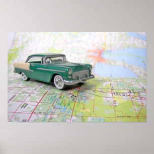 1955 Car On a Road Map Poster