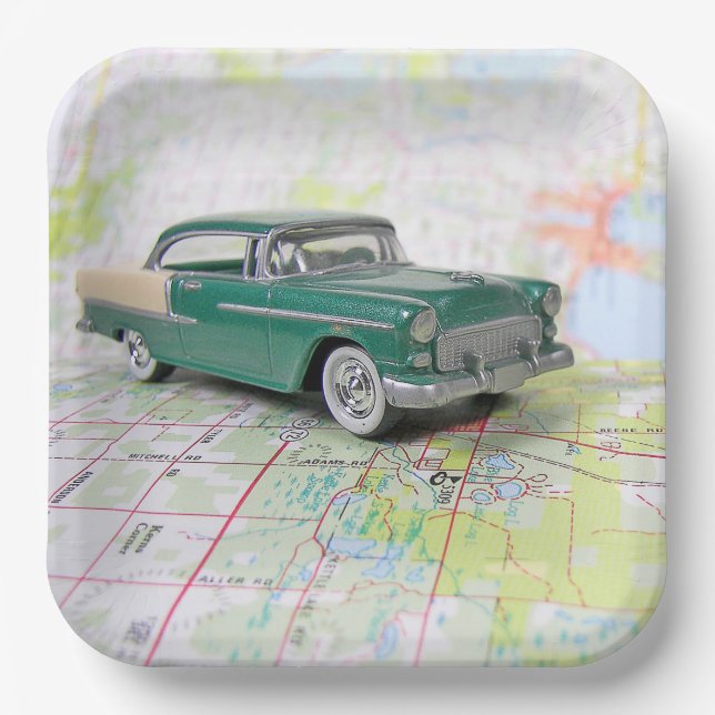 1955 Car On Road Map Paper Plates (Front)