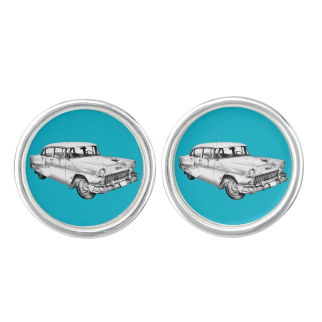 1955 Chevrolet Bel Air Antique Car Illustration Cufflinks (Front)