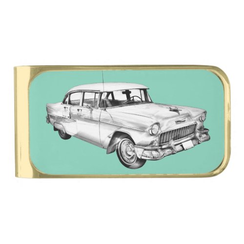 1955 Chevrolet Bel Air Antique Car Illustration Gold Finish Money Clip