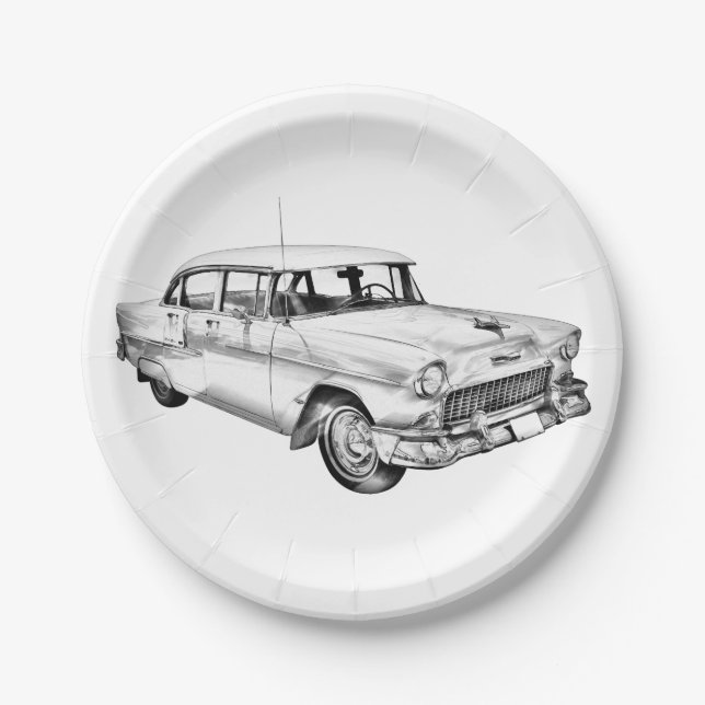 1955 Chevrolet Bel Air Antique Car Illustration Paper Plates (Front)