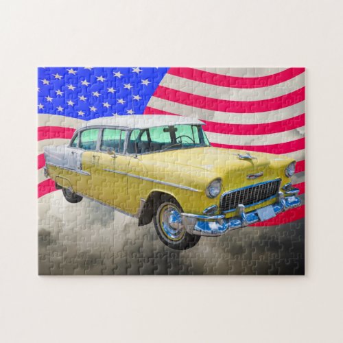 1955 Chevrolet Bel Air With American Flag Jigsaw Puzzle