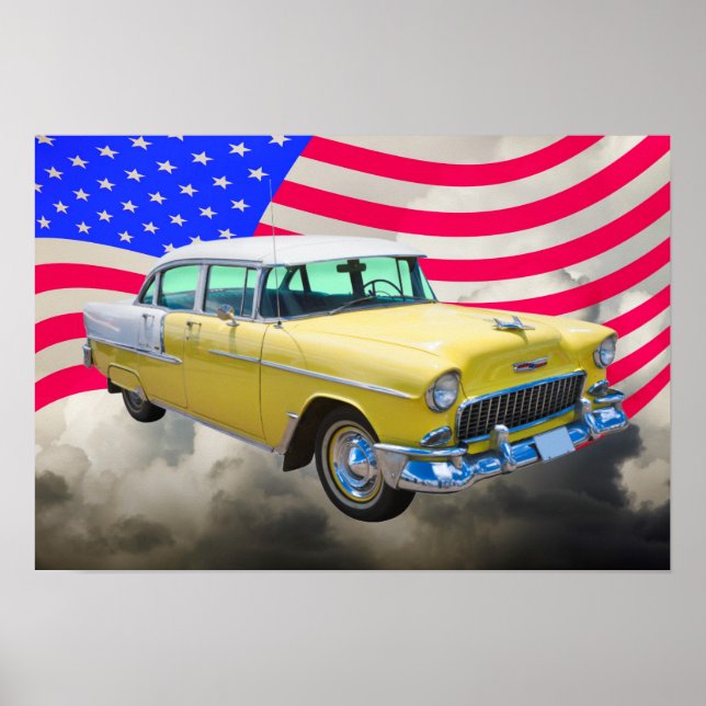 1955 Chevrolet Bel Air With American Flag Poster (Front)