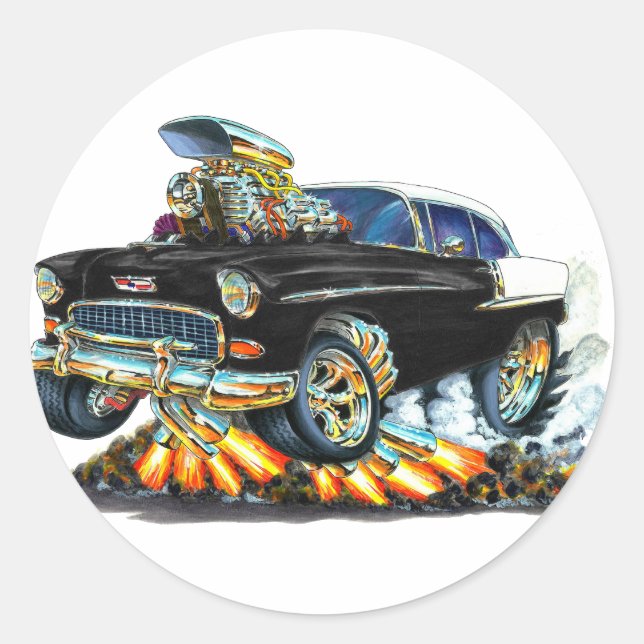 1955 Chevy Belair Black Car Classic Round Sticker (Front)