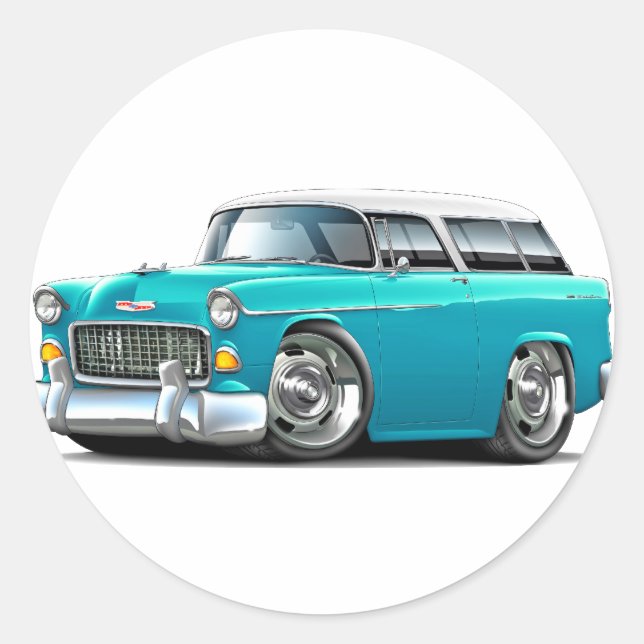 1955 Chevy Nomad Turquoise-White Car Classic Round Sticker (Front)